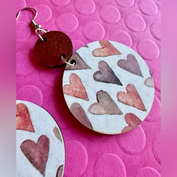 New Pink & Mocha Brown Hearts Wooden Circle Statement Dangle Earrings - 3” - Picture 3 of 6